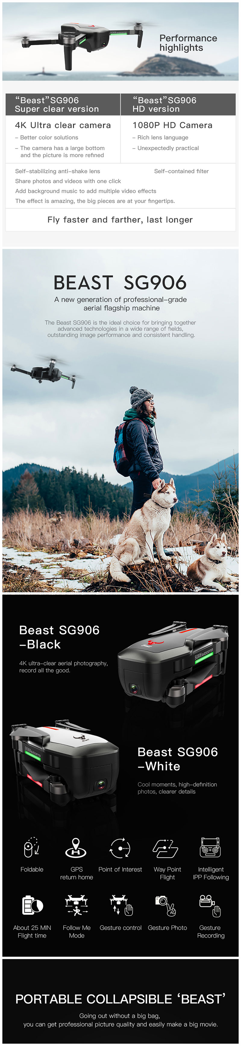 Beast SG906 WiFi Τηλεκατευθυνόμενο Αναδιπλούμενο RC Drone Quadcopter RTF ZLRC GPS 5G WIFI 4K Foldable - Black